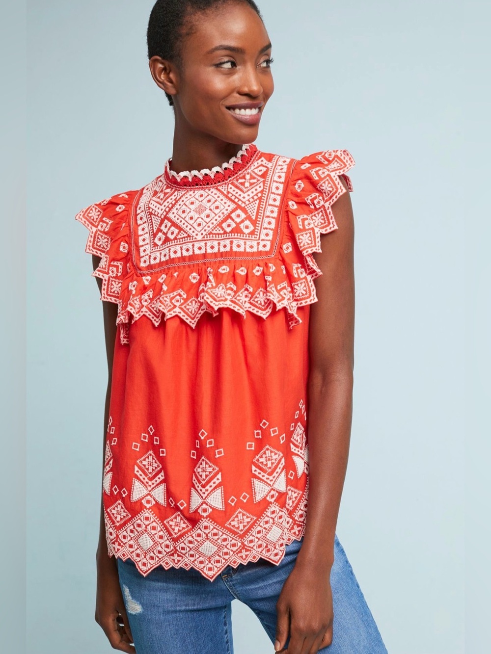 Anthropologie Feather Bone Briar Embroidered Blouse Red Size 8 ❤️